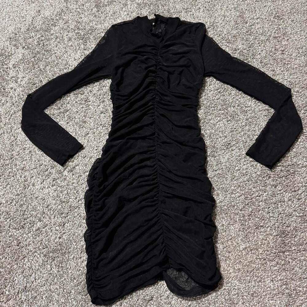 Iris Black Ruched Mesh Mini Dress, Long Sleeve Bodycon Gothic Clubwear - S